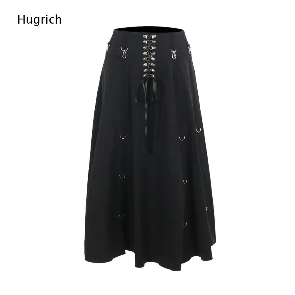 Steam Punk Style Black Midi Skirt High Waist Wide Flared Hem Front Corset Lace Up And Metal Ring Accent Bottoms