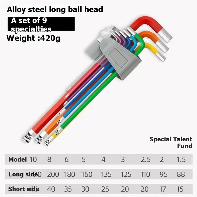 A84E-For Mechanical Repair Work 9Pcs Colored Long Ball-End Allen Wrenches, Metric L-Type With Storage Rack