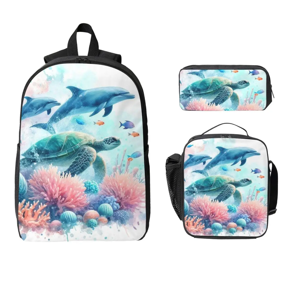 Vibrant Turtle And Waterweed Art Backpack Student BookBag School Bag Computer Shoulder Bags 3ps Insulated Lunch Bag Pencil Case