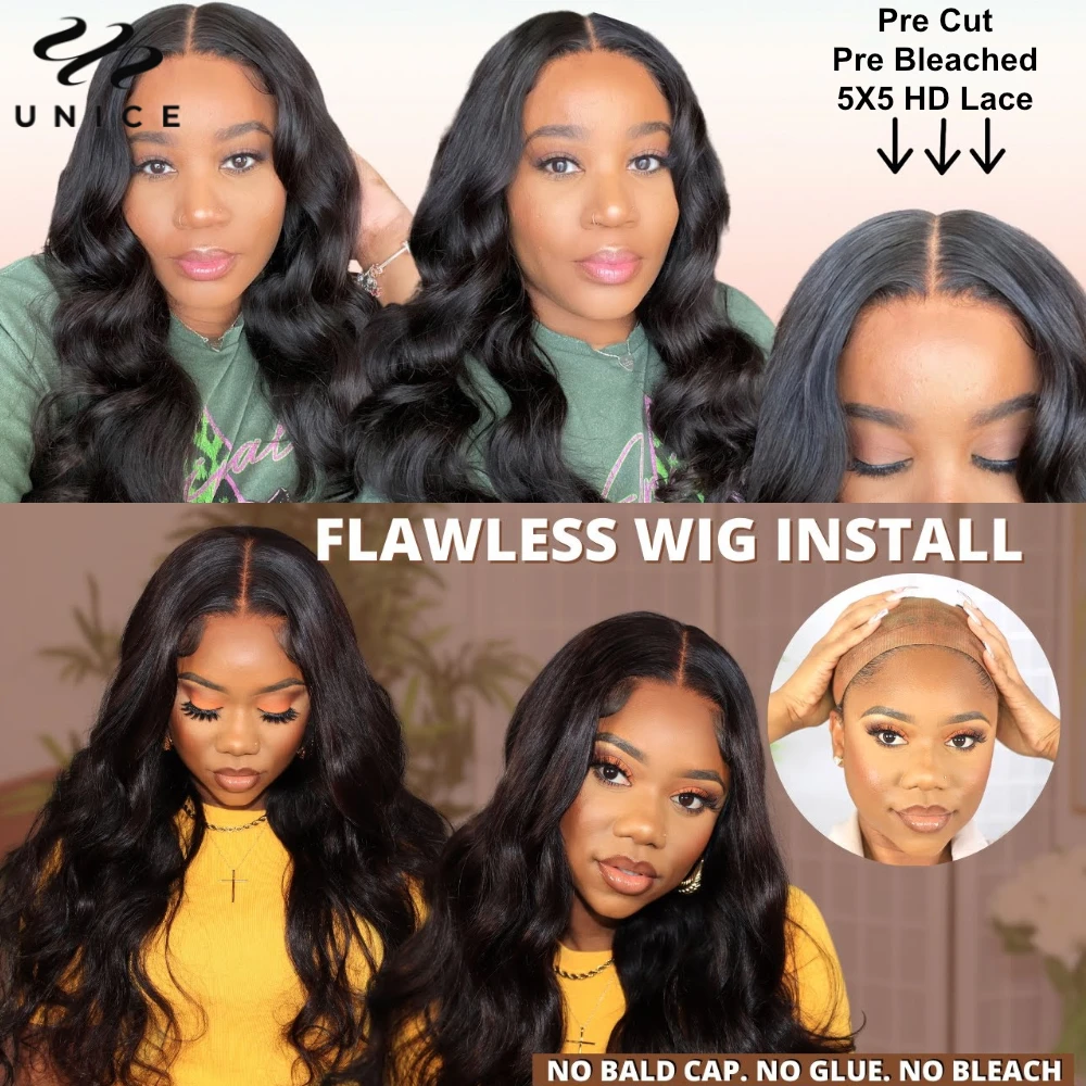 UNICE 5X5 HD Lace Wig Human Hair Pre Cut Pre Bleached Body Wave Wig Real HD Glueless Wig Human Hair Ready To Wear 180% Density