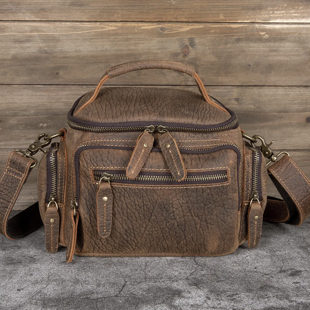 Men Retro Crazy Horse Leather Shoulder Bag, Genuine Leather Camera Crossbody Bag