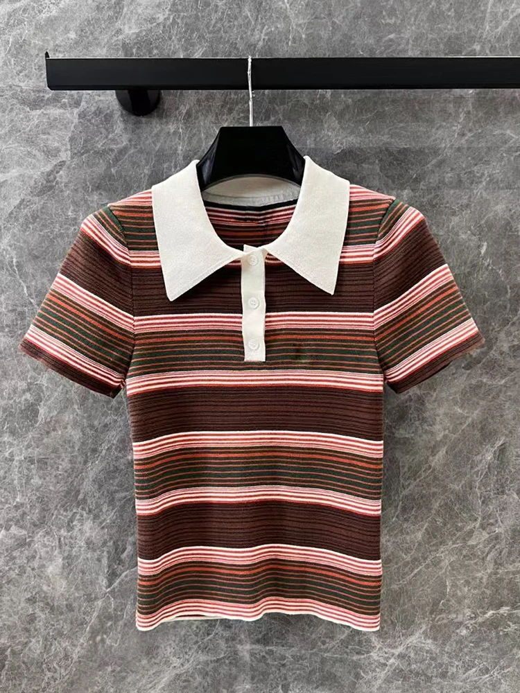 Vintage color matching lapel striped short-sleeved Polo shirt 2025 spring women's new fashion all-match knitted wool T marlet