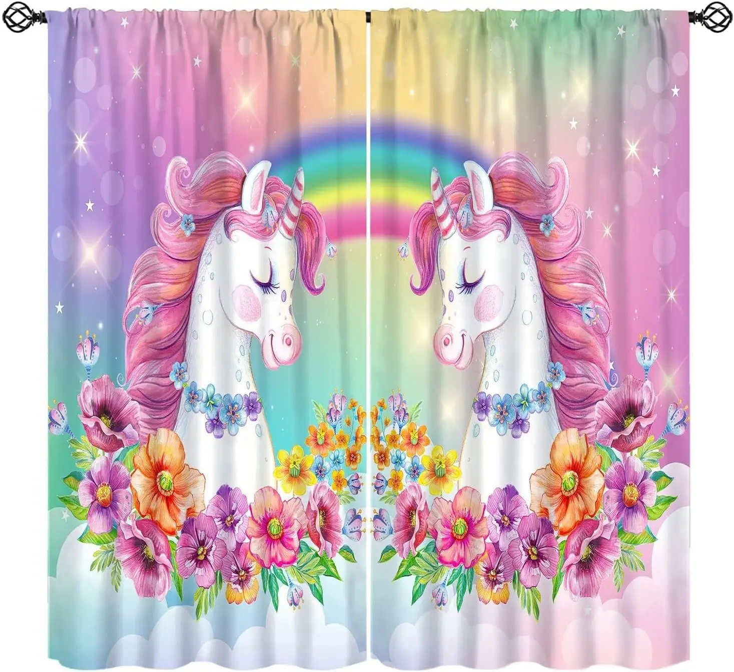 Girls Fairy Unicorn Curtains, Gradient Rainbow Cloud Glitter Star Vivid Flower Sweet White Unicorn Drapes for Toddler Girl