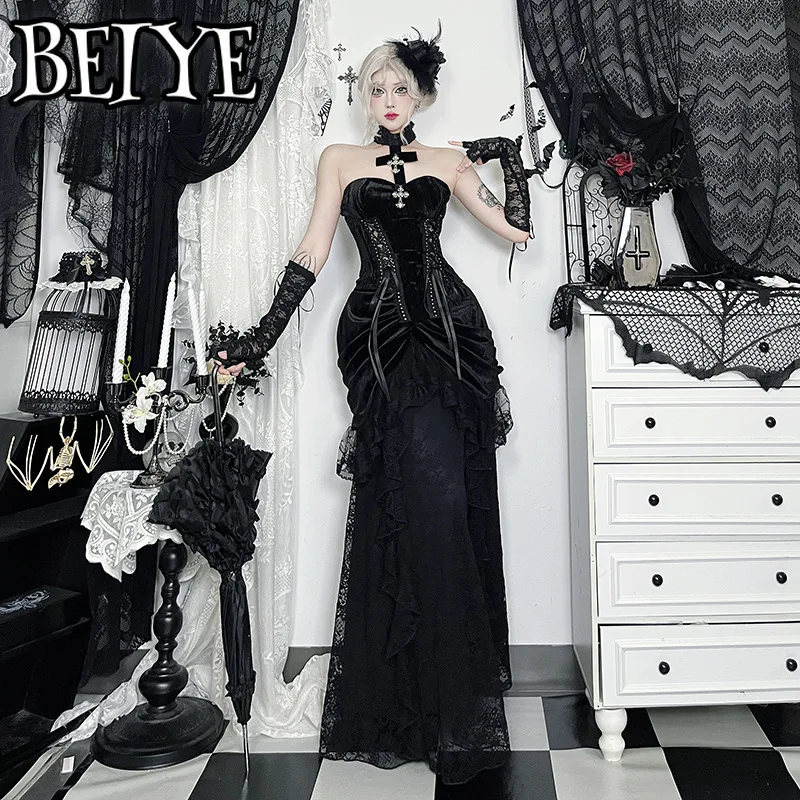 Gonna in velluto stile palazzo vintage Donna Gotico scuro Halloween Cosplay Patchwork in pizzo Gonne per banchetti a vita alta