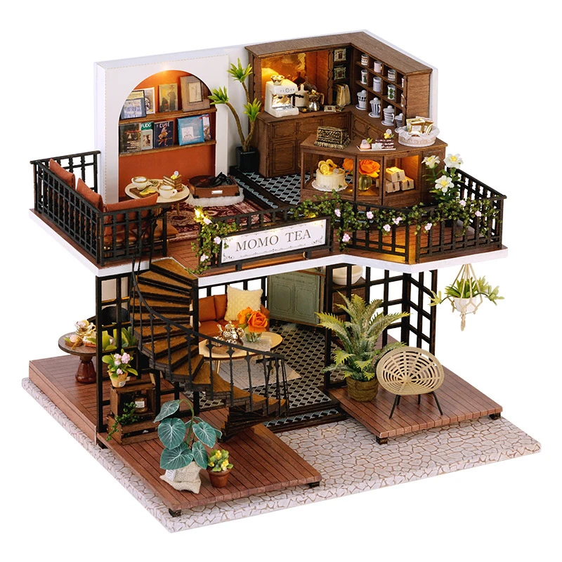 

DIY Wooden Miniature Model Kit Forest Tea Shop Casa Doll Houses 3D Puzzle Dollhouse With Furniture LED Lights for Friends Gifts