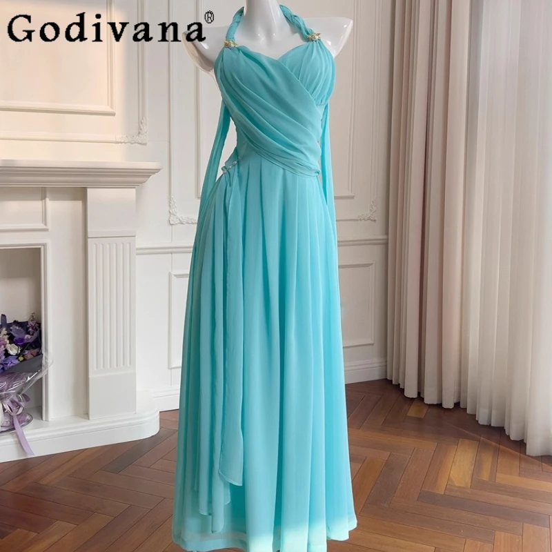 

Summer Luxury Halter Backless Women's Blue Dress Goddess Vacation Beach Long Dress Female Summer Lolita Style Party Dress