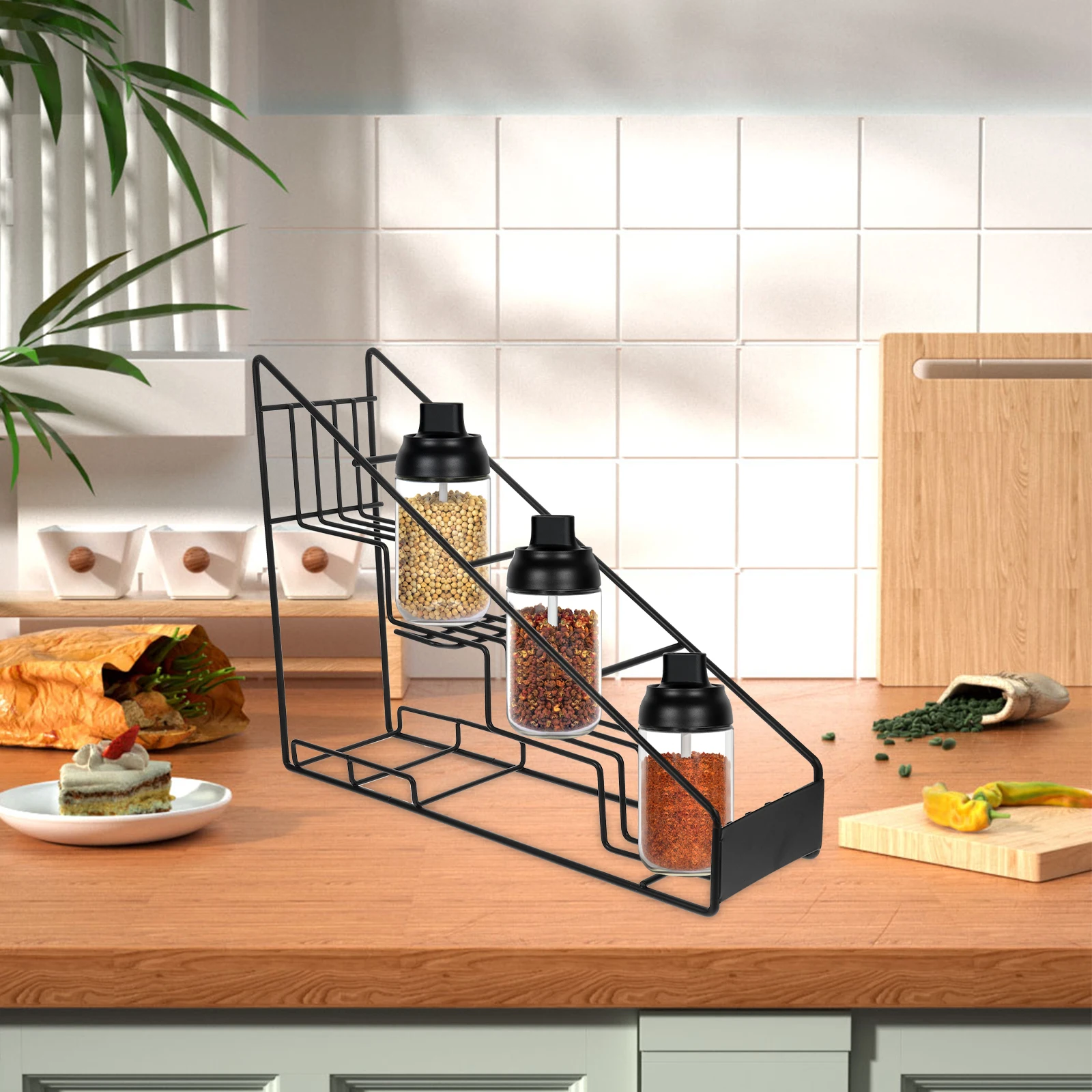 

Stainless Steel Syrup Organizer Rack for 4 Bottles Slim Wire Frame Dispenser Shelf Black Syrup Shelf Stepped Display Spice