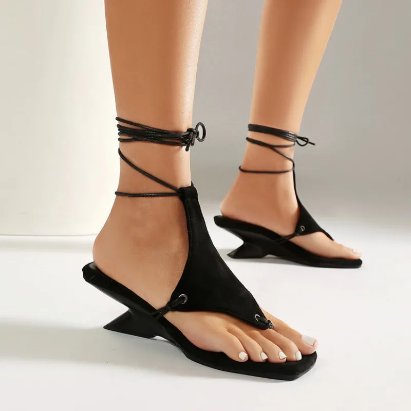 

2026 New Summer Womens Round Toe Thong Ankle Strap Block High Heel Sandals Daily Dress Footwear