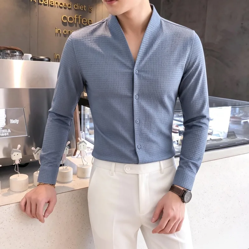 High Quality Men's Stand Collar Long-sleeved Shirt Trendy Solid Color V-neck Slim Fit Shirt Business Casual Social Formal Shirts