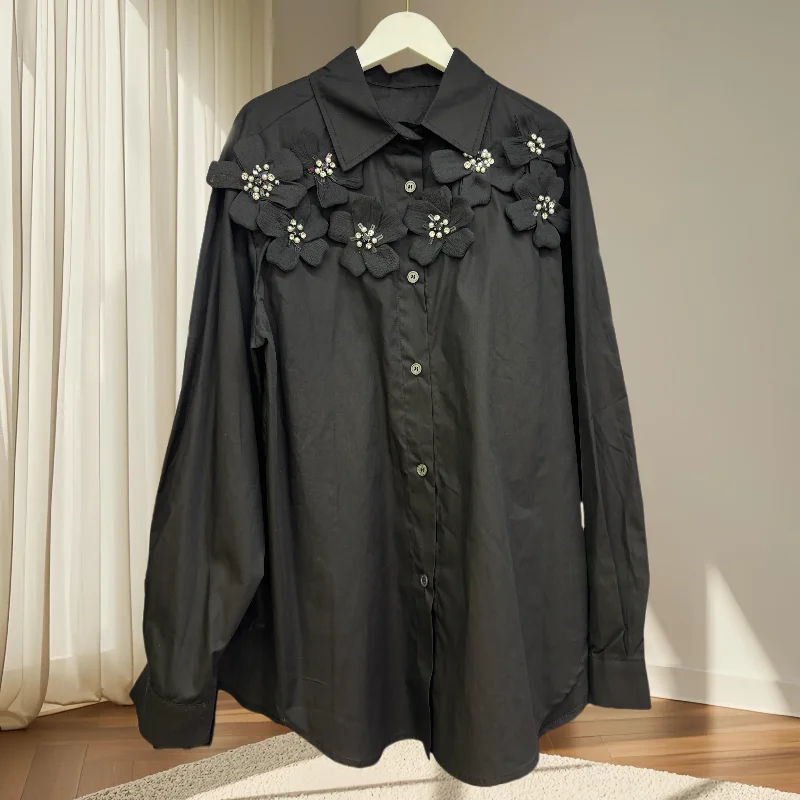 Black,Korean,Style,Blouse,Fashion,Sexy,Turndown Collar,Single-breasted,Vintage court flowers,Women,Long Sleeve,Tops,New,4122407