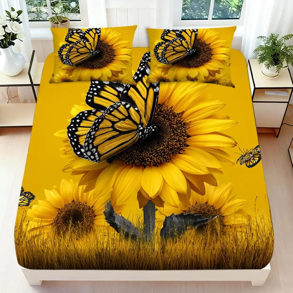 Sunflower Bed Sheet Set Floral Print Bed Sheets for Boys Girl Blossom Flowers Pattern Bedding Set Vintage Botanical Fitted Sheet