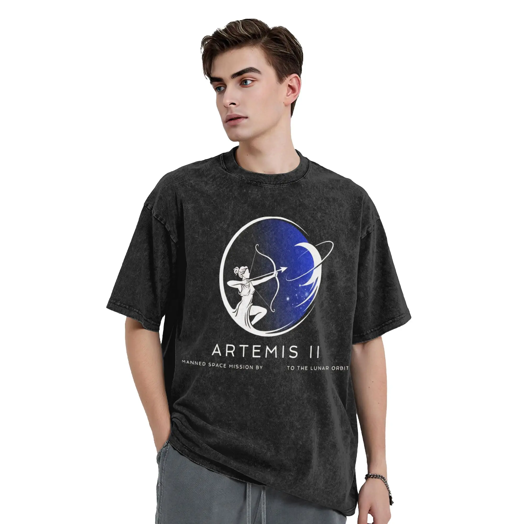 Crazy Artemis II  Manned Mission Moon Goddess Celestial T-Shirt for Men O Neck Pure Cotton Washed T Shirt Printed Tops