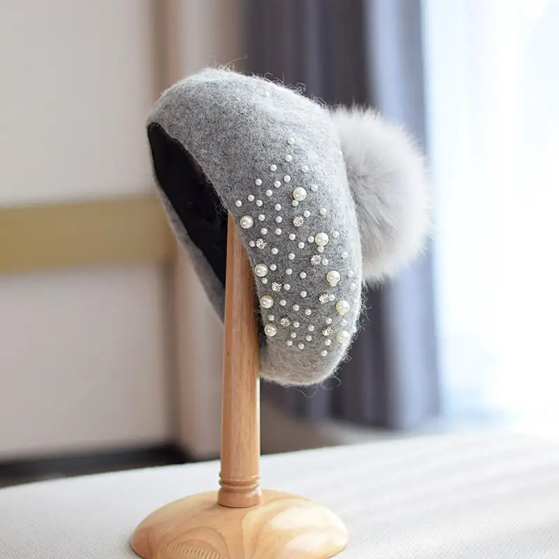 Ladies Fox Fur Ball Wool Beret Cap Fashion Retro Autumn Winter Pearls Detachable Painter Hat Diamond Pumpkin Hat