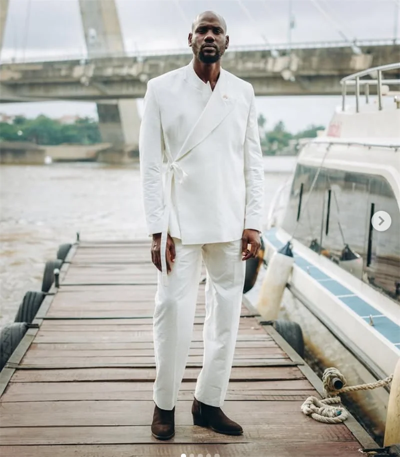 

White Men Suits Set 2 Pcs Blazer+Cotton Pant Trousers Belted Elegant Wedding Tuxedo Formal Office Business Groom Jacket Coat