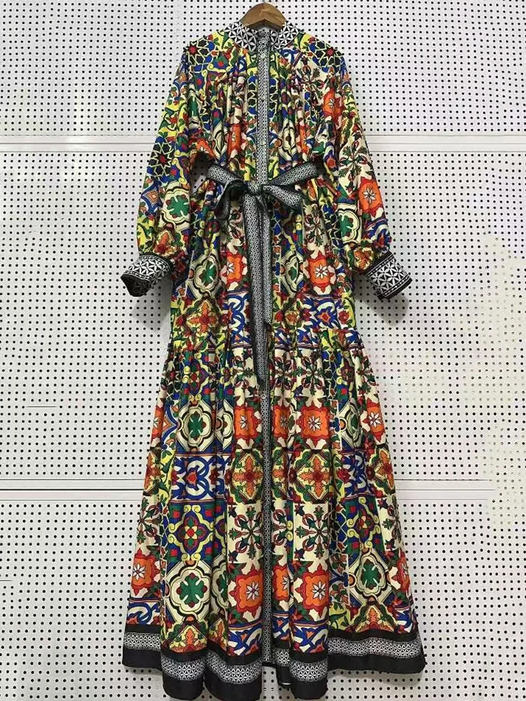 Robe rétro à imprimé géométrique, col montant, simple boutonnage, à lacets, taille cintrée, ample, bouffante, pour femmes, automne 2025