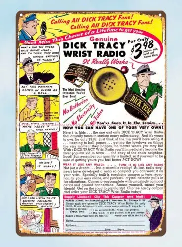 affordable home decor Dick Tracy radio 1947 metal tin sign