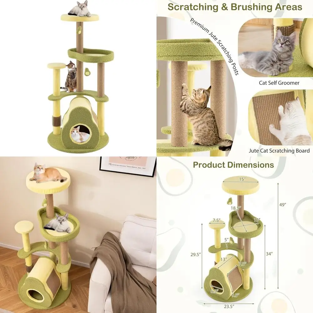 

49-дюймовая многоуровневая лежанка-когтеточка для кошек в форме авокадо с джутовыми столбиками, домиком, грумером для самоочистки и игрушками