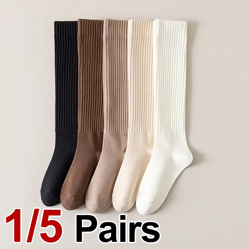 

1/5 Pairs Women Solid Color Autumn Winter calf Socks Comfortable Warm Slim Leg Shape Fashionable College Style Casual Socks
