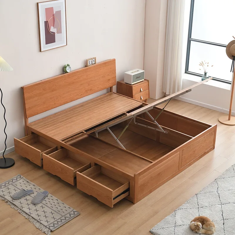 Cherry wood solid wood bed antique drawer storage  1.5m side  1.8m double bed