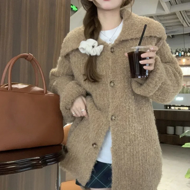 Autumn Winter New Fashion Turn-down Collar Long Sleeve Solid Parkas Women's Clothing Lamb Wool Loose All-match Warm Trend Tops