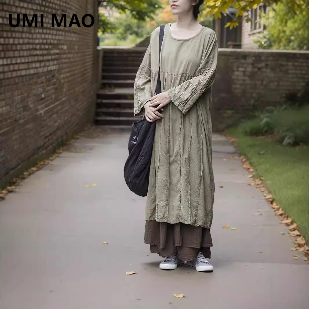 

UMI MAO Vintage Washed Vintage Long Dresses Loose And Slimming Artistic Ramie Cotton Pleated Dress Femme