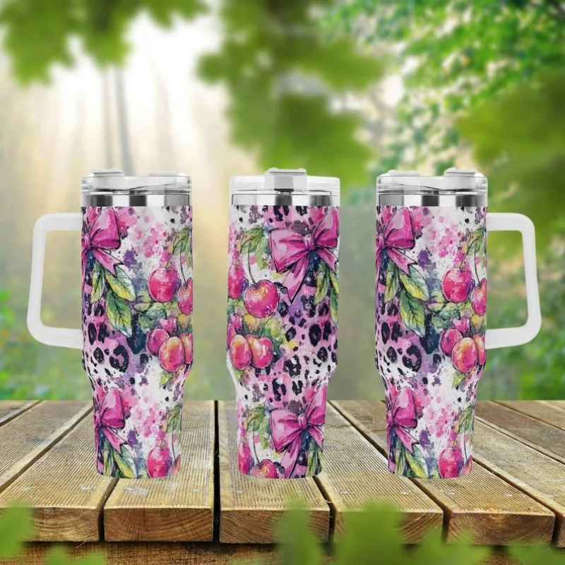Coquette Ribbon Cherry Leopard 40oz Stainless Steel Tumbler with Handle, Lid, and Straw – Girly Summer Drink Cup, Travel Tumbler, Cute Gift Idea