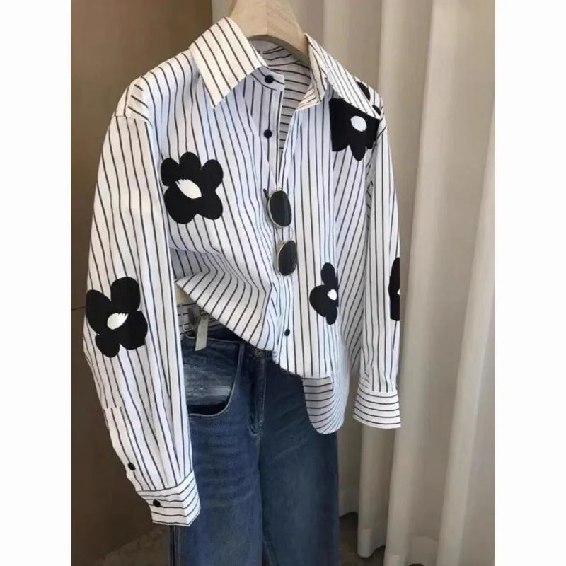 

2025Spring and Autumn New Niche Design Striped Floral Print Loose Long Sleeve Shirt for Women Versatile Outerwear Top