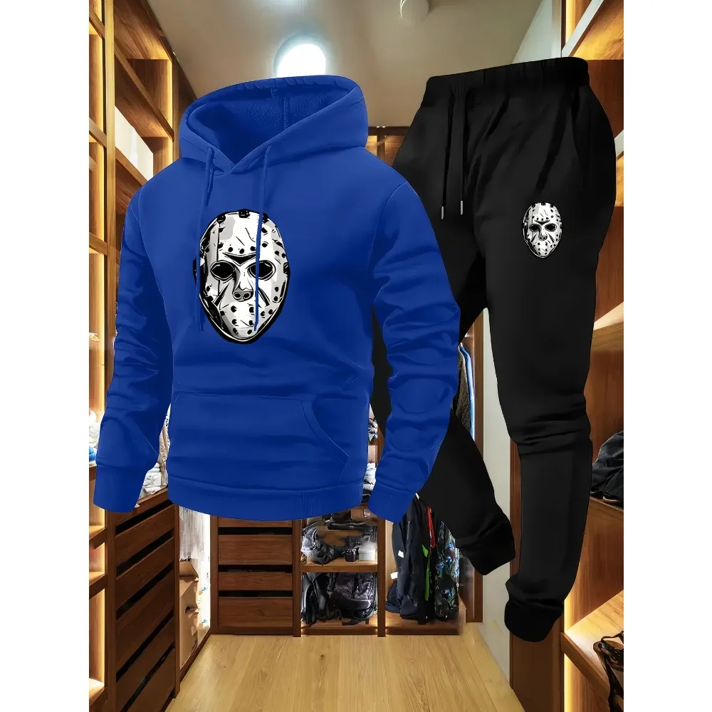 طقم هوديي كاجوال للرجال بطباعة قناع وسروال مطاطي، مناسب للأنشطة الخارجية للخريف/الشتاء