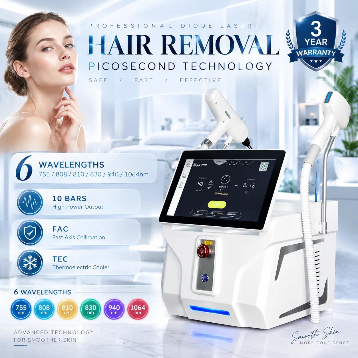 2-in-1 Icy 4-Wave Laser Instrument,5000W 808nm Diode Permanent Hair Elimination,Picosecond Tattoo & Pigment Removal Salon Device