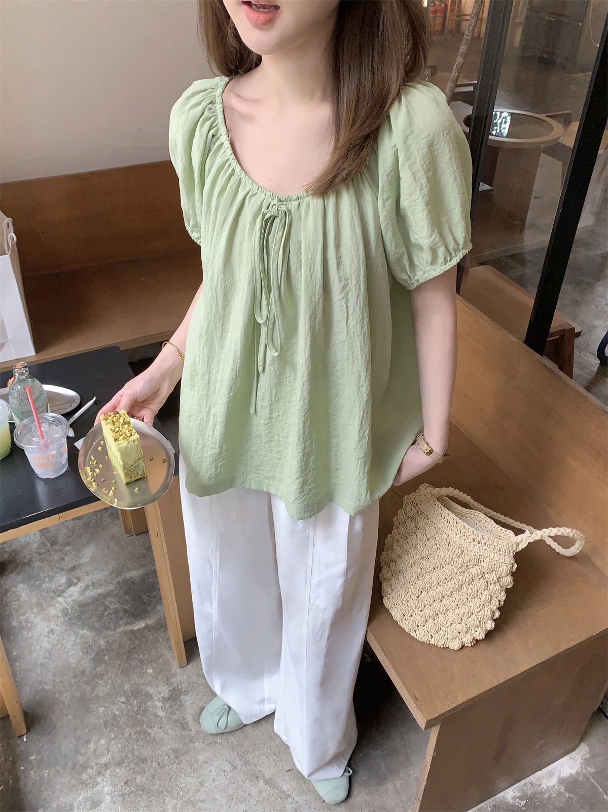 

Женская свободная рубашка FUGUI RICH с зеленым принтом и завязками, универсальная, летняя, новая модель, во французском стиле, с круглым вырезом, короткий рукав