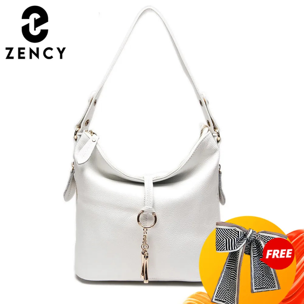 Zency New Fashion Designer Women Shoulder Bag Metal Tassel 100% Genuine Leather Lady Messenger Elegant Gift Handbag White