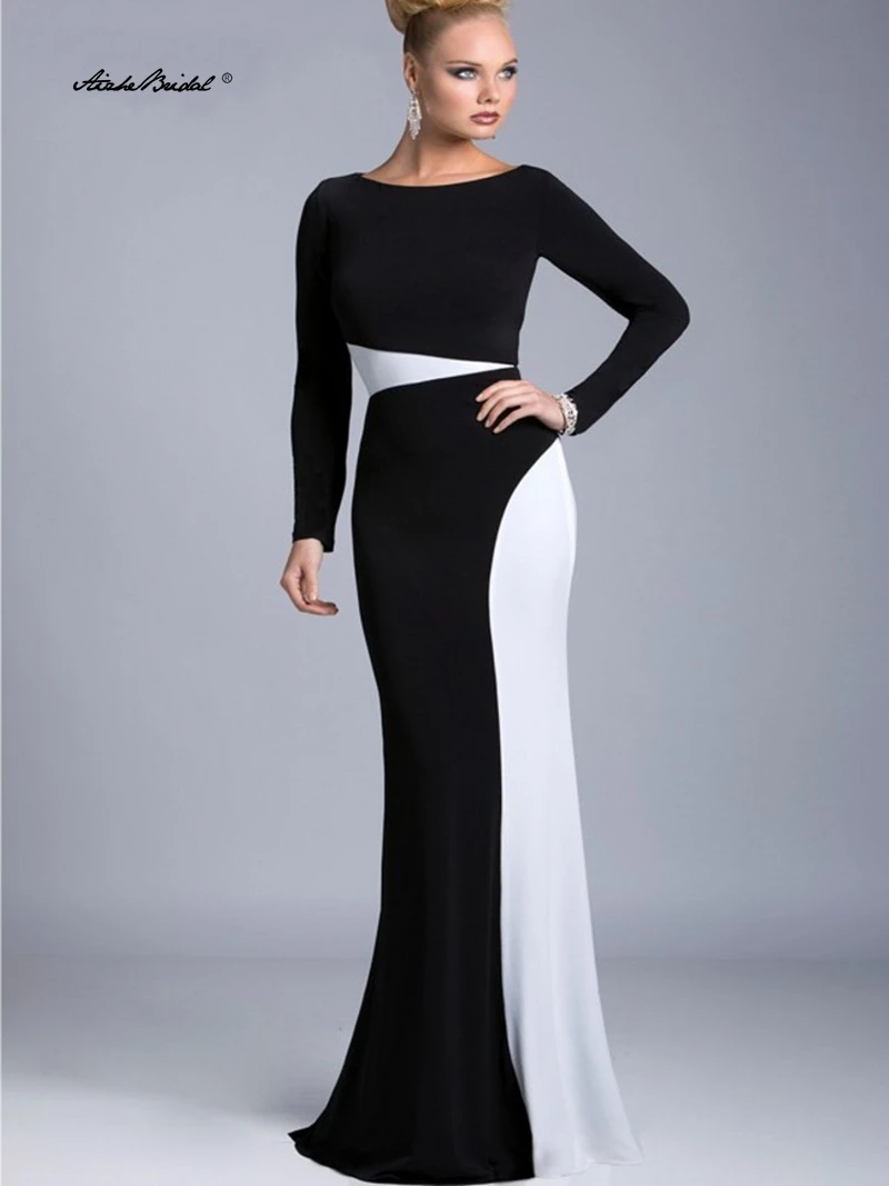 

Элегантное черно-белое длинное джерси вечернее платье в арабском стиле Дубай с длинным рукавом Русалка вечерние платья по индивидуальному заказу
