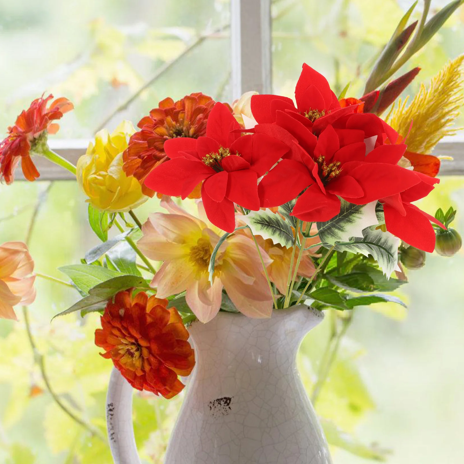 

4Pcs Artificial Poinsettia Flowers Bouquet Vibrant Red Christmas Decorations Indoor Holiday Party Table Centerpiece