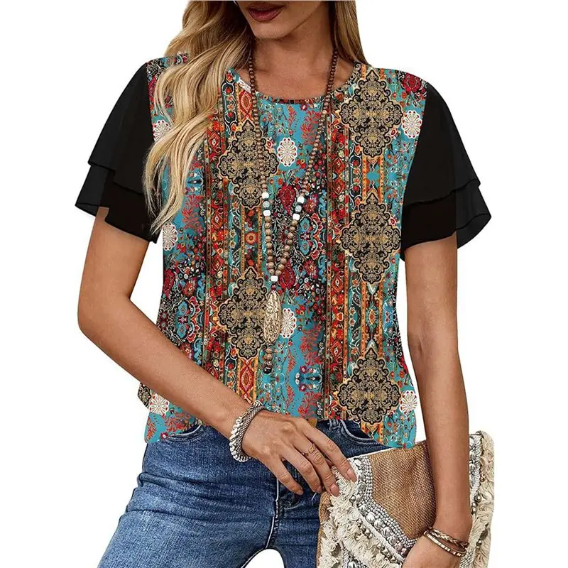 

Женские летние топы CYL: модные блузки с рюшами и коротким рукавом, повседневные шифоновые рубашки, одежда для отпуска