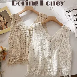 Boring Honey-Sleeveless Crochet Tassels Tank Top for Women, Hollow Out Crop Top, V-Neck, Single-Breasted Camis, Corset Tops,