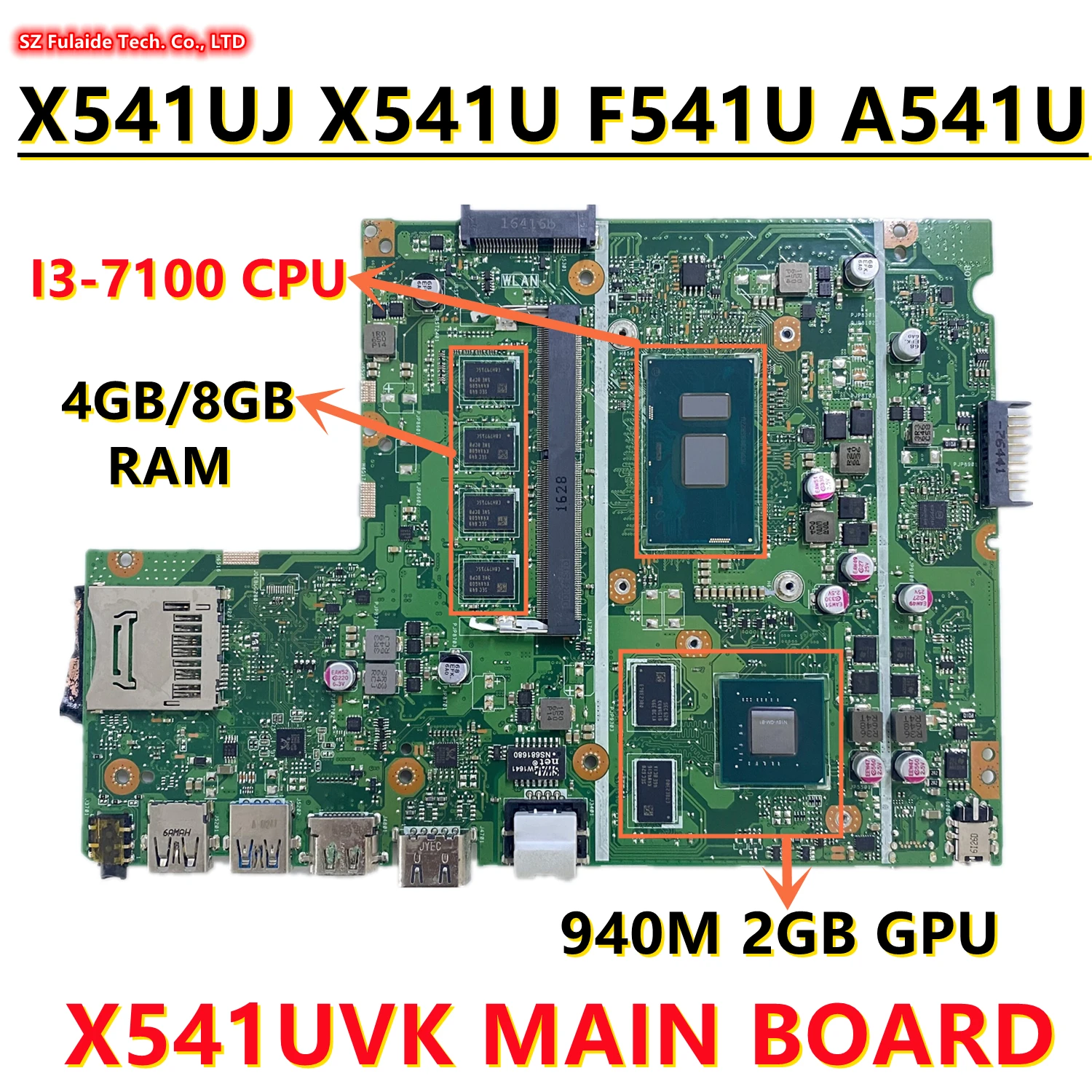 X541UVK MAIN BOARD For ASUS X541U X541UJ A541U X541UV K541U Laptop Motherboard With I3-7100 CPU 4GB/8GB RAM 940M 2GB GPU 100%OK