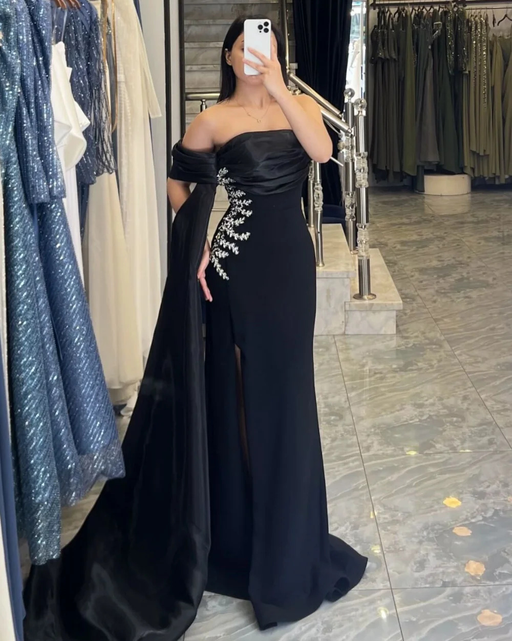 

Customized Matching Jersey Applique Rhinestone A-line Off-the-shoulder Long Dresses Bespoke Occasion Dresses Sizes Available