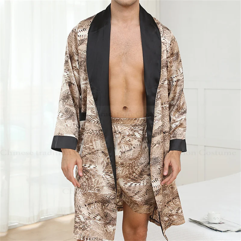 

Male 2Pcs Pajamas Set Satin Robe Gown Print Kimono and Shorts Suit Autumn and Spring New Homewear Loungewear Men Sleepwear