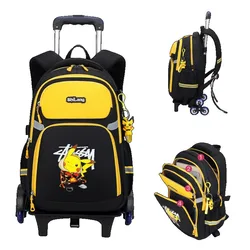 MINISO Pokemon Anime Cartoon Two-Wheel/Six-Wheel Trolley Schoolbag Boys and Girls Trolley Backpack Can Be Carried and Climbed