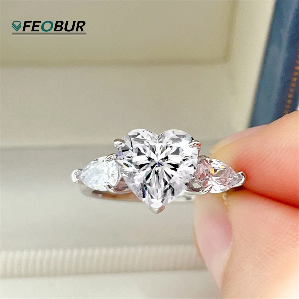 FEOBUR 1/2/3/4Carat Heart Shape Moissanite Ring for Women S925 Sterling Silver Diamond Engagement Wedding Band Fine Jewelry Gift