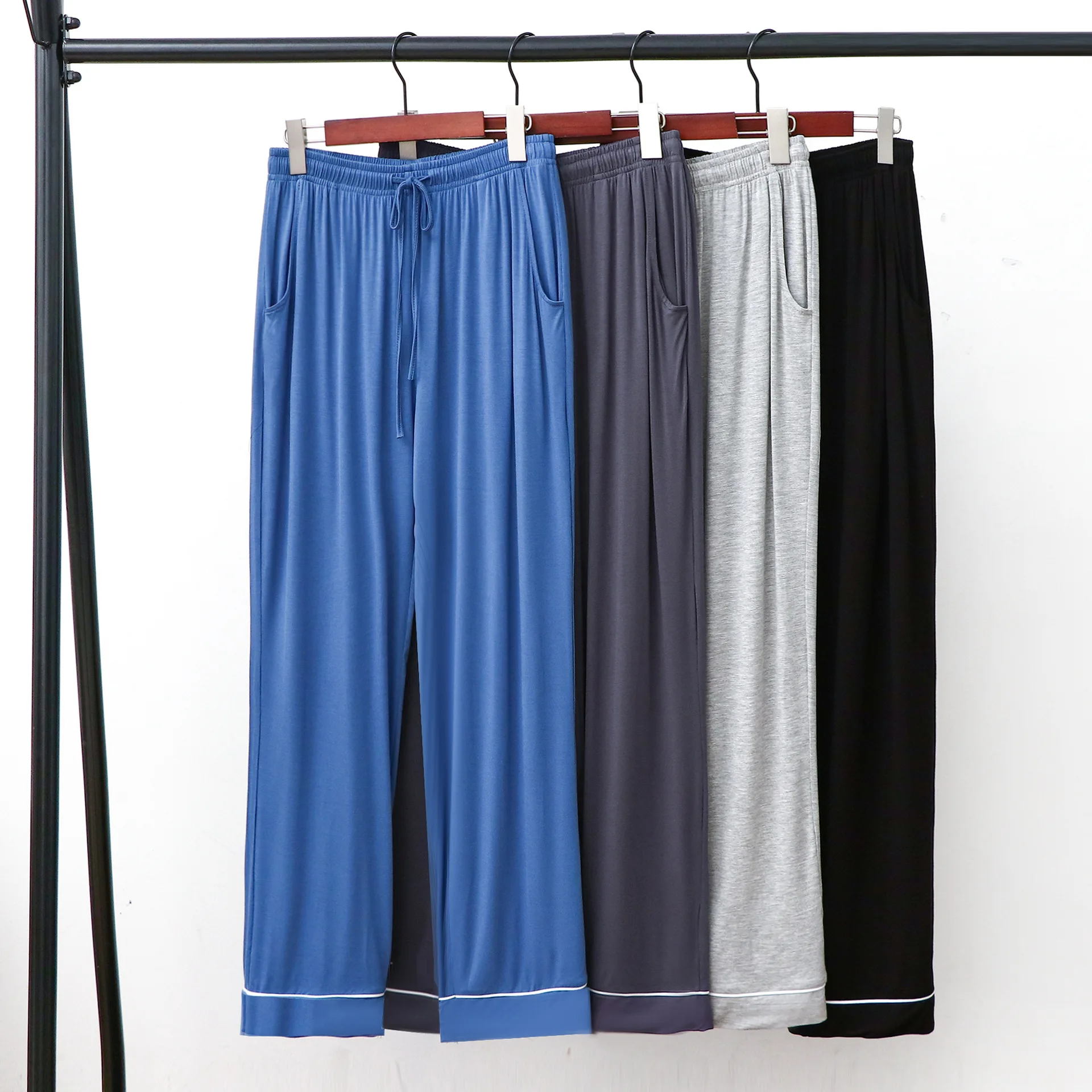 Pantalones de pijama largos de Modal para hombre, ropa de dormir azul, pantalones de salón suaves, ropa de dormir lisa, ropa de casa suelta, 3XL