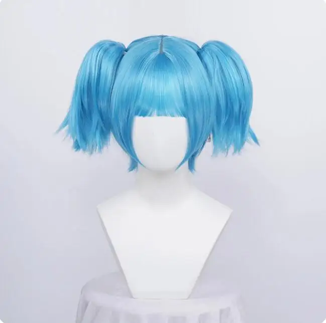 Wig Cosplay klip rambut sintetik tahan panas biru pendek Wig ekor kuda + topi Wig