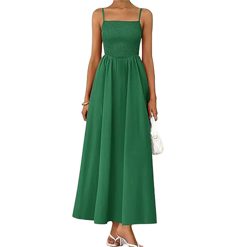 【SEE】 Abiti lunghi estivi da donna Vestito estivo da spiaggia Casual con cinturino per spaghetti Smocked Swing A Line Abito lungo e fluido