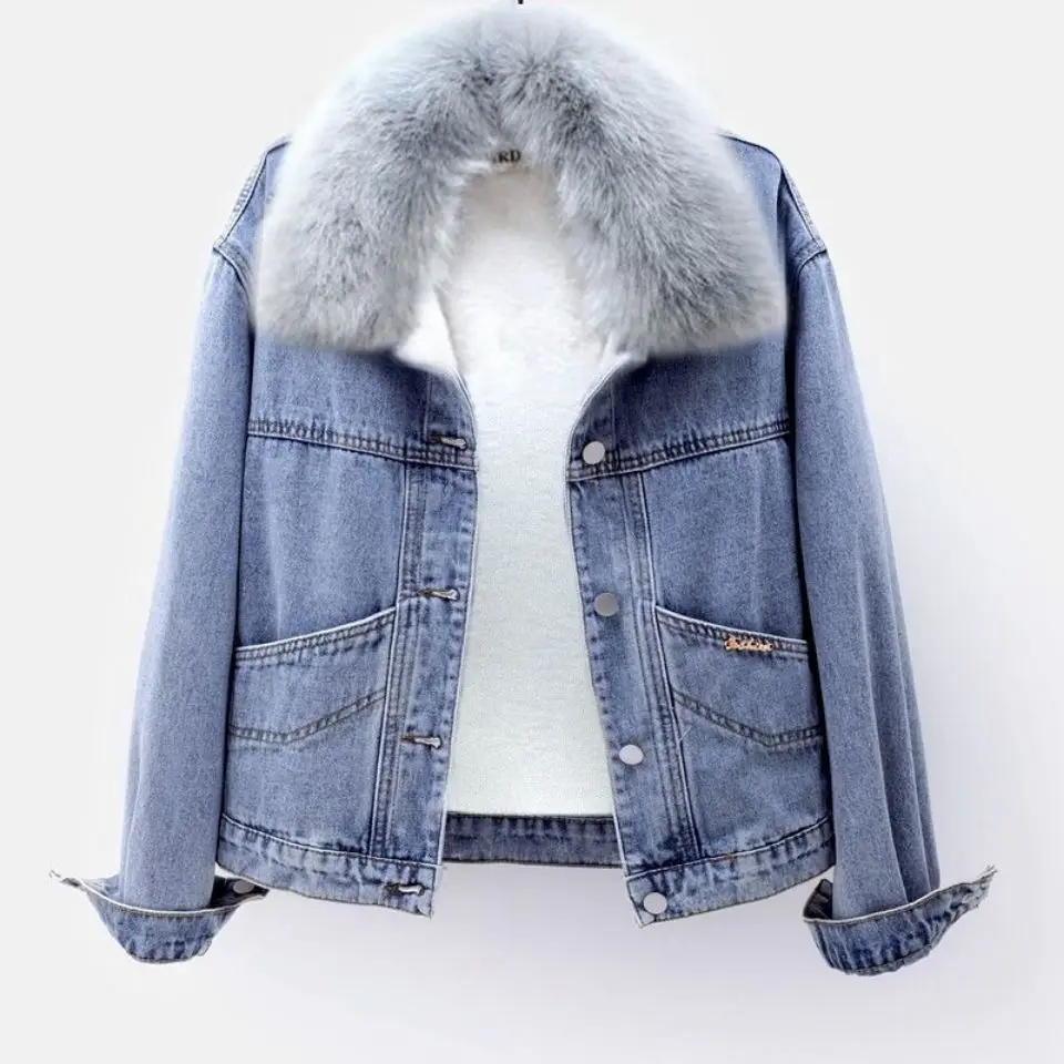 

Denim Coat Long Patch Fur Plush Womens Winter Adjustable Ruffled Quilted Outwears French Style Urban Social Gathering Jackets BF