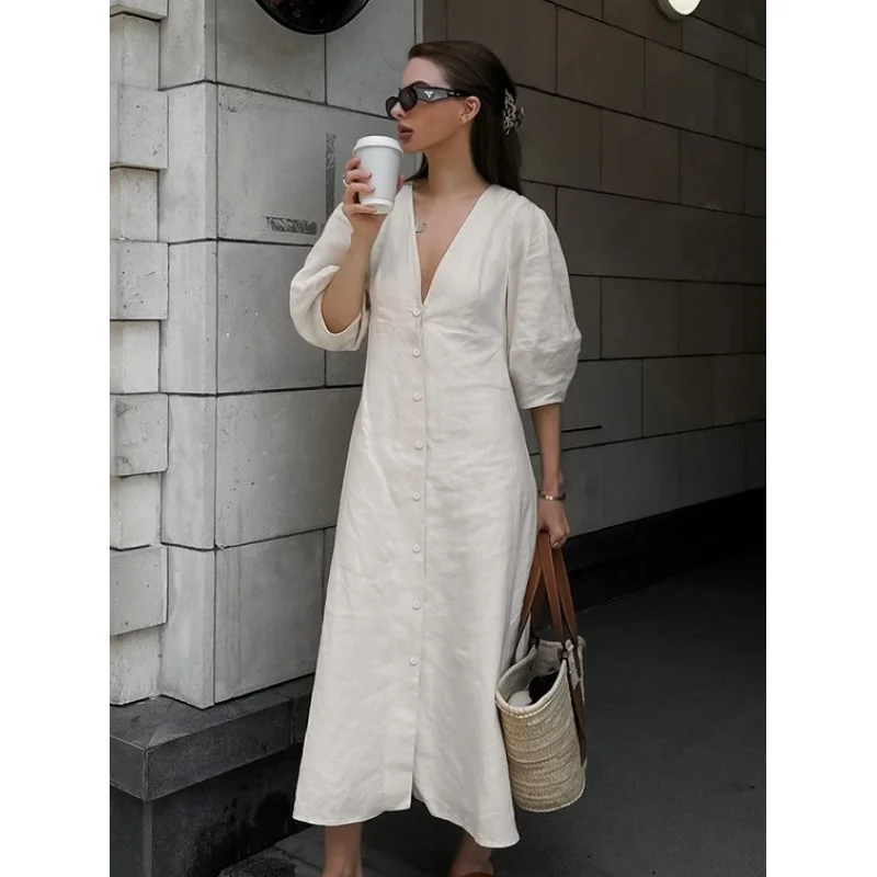 

Casual Loose French Cotton and Linen Dress Women's Bubble Sleeve V-neck Beige A- line Dress Fitted Waist Backless Long Dress Fen