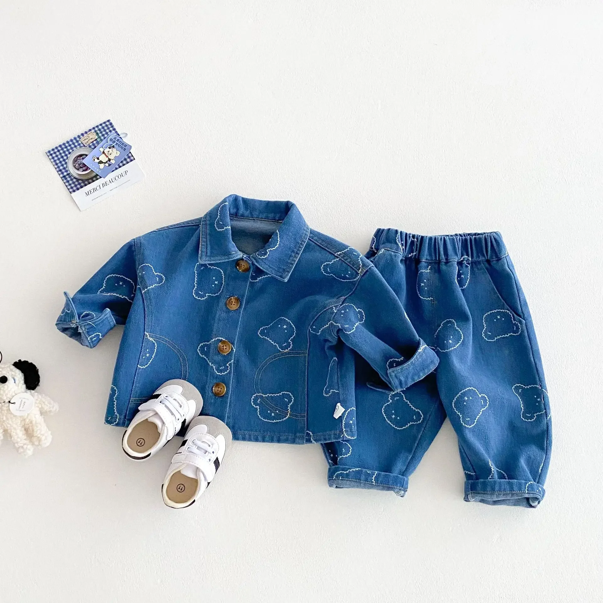 MILANCEL Cartoon Bear Printed Children's Jacket Spring Simple Stylish Outwear for Boys And Girls 0-5 Years Kid's Denim Coat