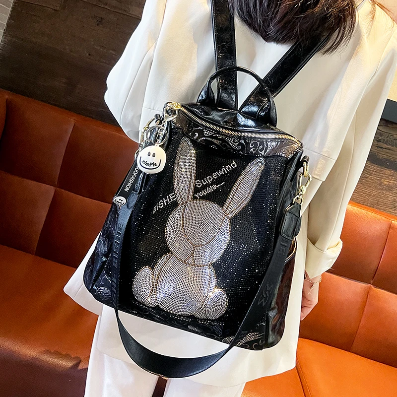 Sparkle Rabbit Rhinestone Ita Bag Pack Women\'s Backpack Large Capacity Travel Bagpack School Bags Office Trendy Mochila