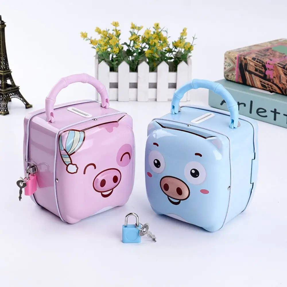 Cartoon Piggy Money Bank Tinplate with Lock Key Coins Storage Box Pig Shape Coin Bank Money Saving Box For Children Gift