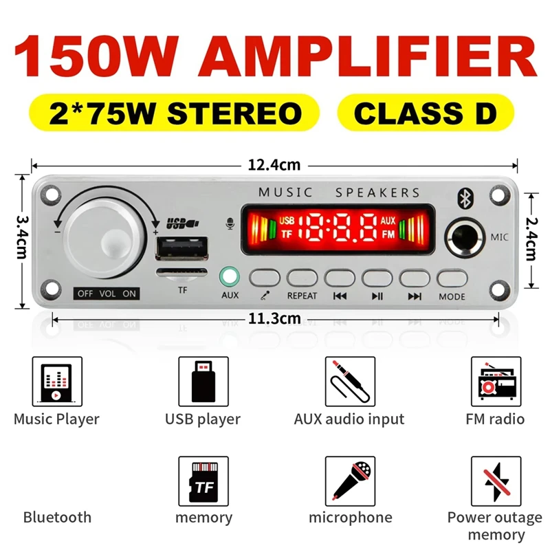 150W DIY Amplifier Bluetooth Decoder Board 12V 6.5mm Microphone FM Radio TF USB Car Audio Music Speakers Volume Control-VVNB