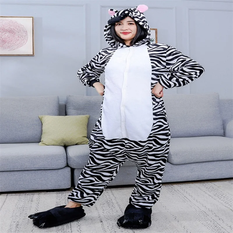 Adult Cosplay Cartoon Animal Zebra Onesies Kigurumi Flannel Loose Jumpsuit Terylene Loungewear Long-sleeved Sleepwear Couple